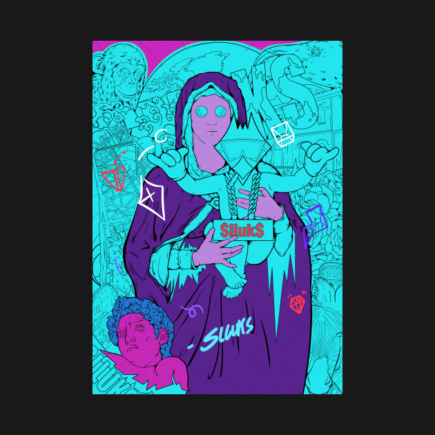 Dope Slluks chicken character chilling with virgin Mary montage illustration by slluks_shop