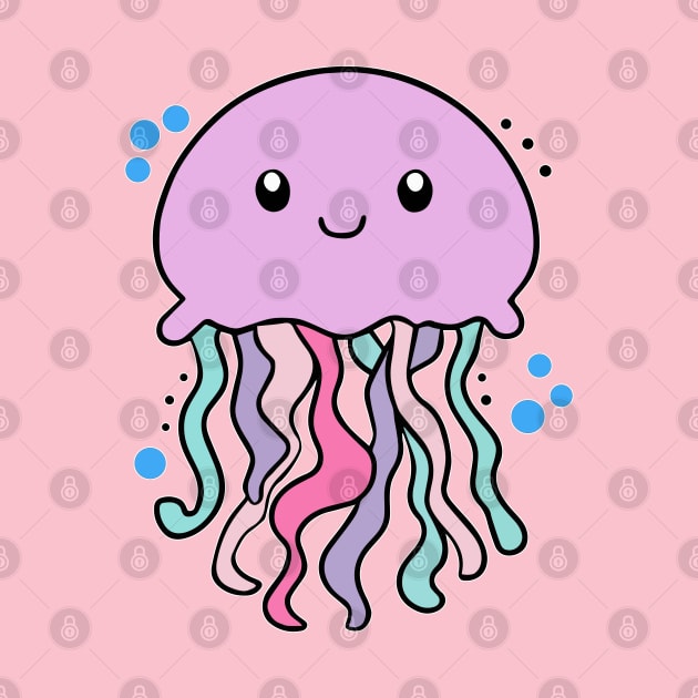 Happy smiling baby jellyfish with bubbles. Kawaii cartoon by SPJE Illustration Photography