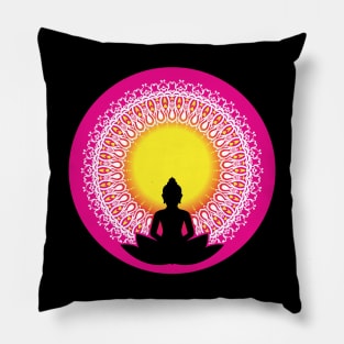 Peaceful Meditating Buddha Silhouette - The Enlightened Soul Mandala Print Design GC-092-15 Pillow