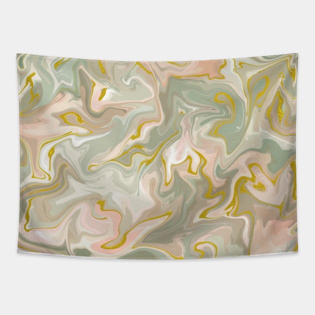 Silver Sage with Gold Silk Marble - Light Sage Green, Peach, and Off White Liquid Paint Pattern Tapestry by GenAumonier