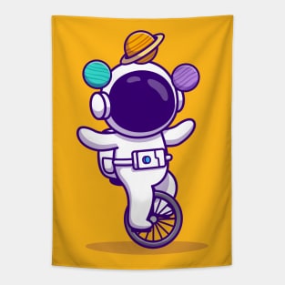 Cute Astronaut With Unicycle Bike And Planets Cartoon Tapestry