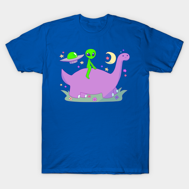 Alien Riding a Dinosaur - Alien - T-Shirt