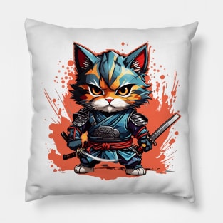 Cute Samurai Kitty Chibi Style Color Splash Design Pillow