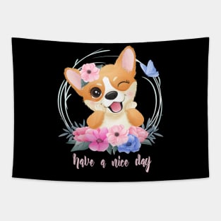 cute little corgi with floral portrait tshirt Tapestry