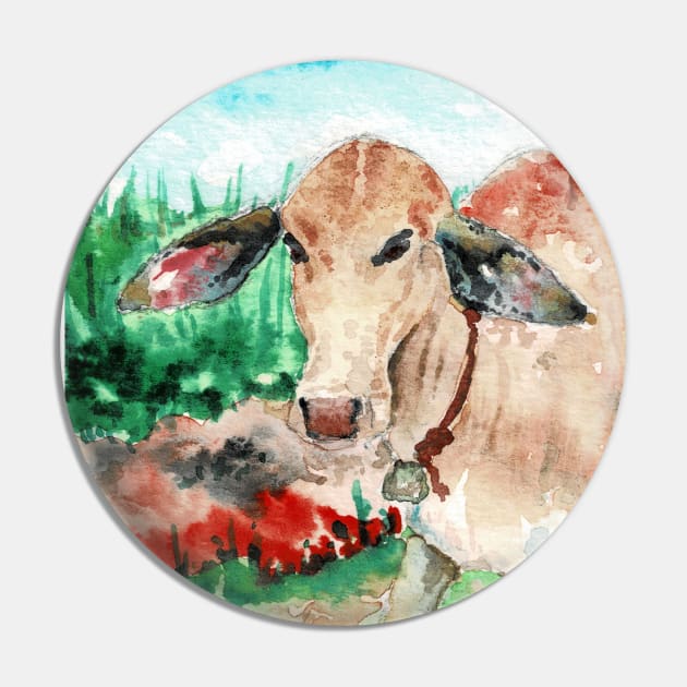 Cute Hand Painted Baby Cow in a Field Pin by Random Happiness