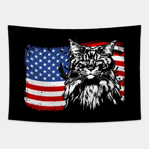 Proud Maine Coon American Flag patriotic cat Tapestry by wilsigns