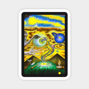 Surrealist painting with pyramids and eyes in yellow and blue man reaching for God Magnet