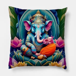 Baby Ganesh sitting on lotus flower with cougar Pillow