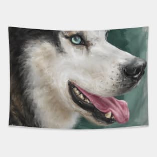 Gorgeous Siberian Husky Painting Contemporary Turquoise background Tapestry