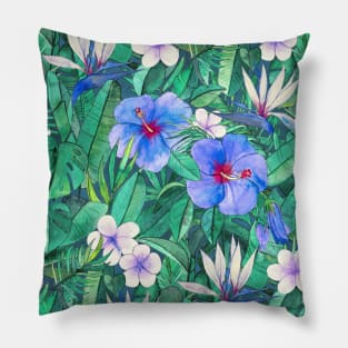 White Bird of Paradise & Blue Hibiscus Tropical Garden Pillow