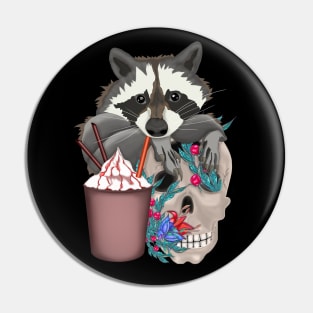 Raccoon with yummy and a skull in flowers Pin