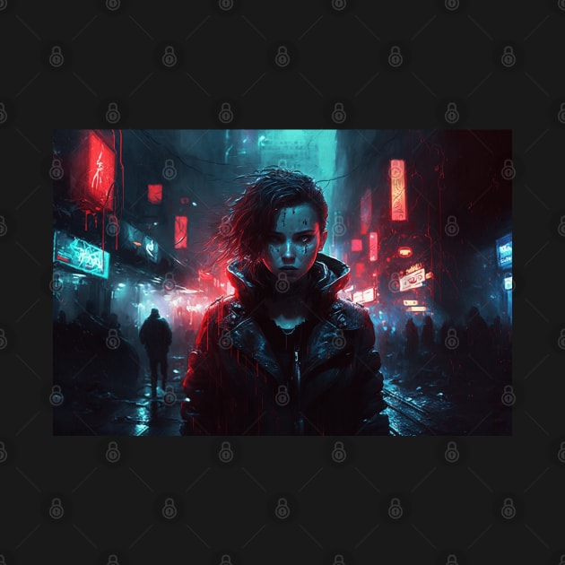 Girl In Rainy Dystopian Cyberpunk City By Night by Nightarcade