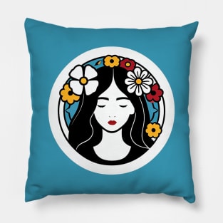 Simple Lineart of a Young Woman Surrounded by Flowers Pillow