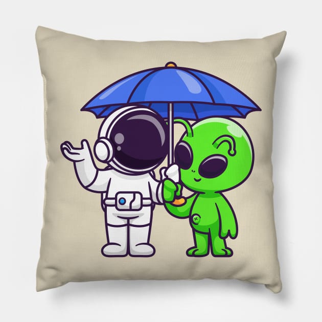 Cute Astronaut And Alien Standing Under Umbrella Cartoon Pillow by Catalyst Labs