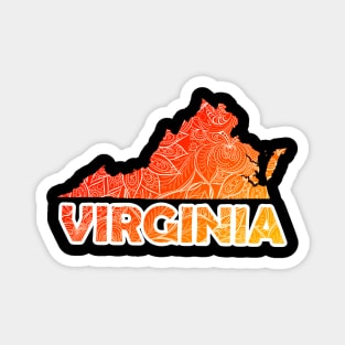 Colorful mandala art map of Virginia with text in red and orange Magnet