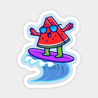 Cute Watermelon Surfing In The Sea Cartoon Magnet