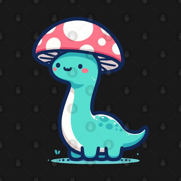 Kawaii simple Mushroom Hat Blue Dinosaur Brontosaurus by TomFrontierArt