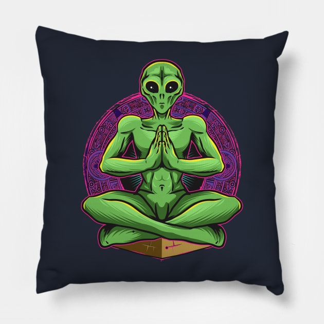 alien green doing yoga Pillow by Mako Design 