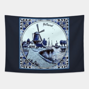 Dutch Blue Delft Sailboats and Windmills Print Tapestry