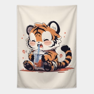 A vintage tiger cub drinking bubble tea Tapestry