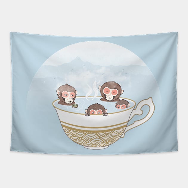 Japanese Monkeys Bathing in Tea Hot Spring Tapestry by original84collective