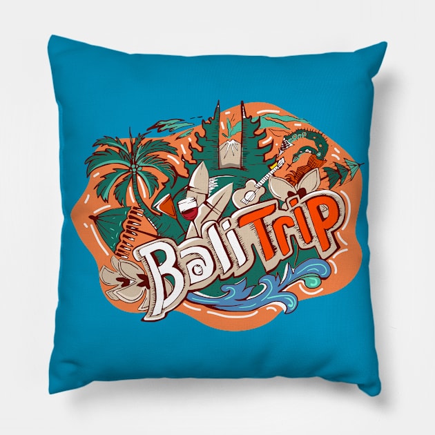 My Bali Trip to Denpasar Kuta Beach Pillow by Celestial Crafts