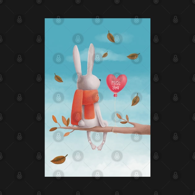 Miss you! Cute rabbit sitting in a tree thinking of his love in the autumn by marina63