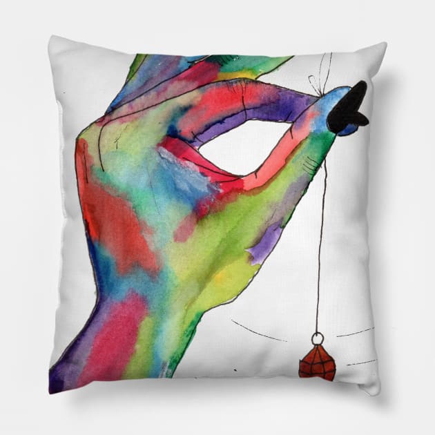 colorful hand holding pendulum Pillow by jennross76