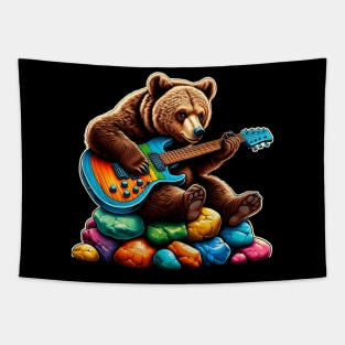 Cute Brown Bear Playing An Electric Guitar Tapestry