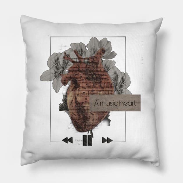 Music heart love aesthetics music notes flowers gothic dark vintage retro realistic love romantic player playlist Pillow by AGRHouse