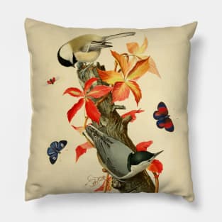 CHICKADEES ,BUTTERFLIES AND LADYBIRD ON A BRANCH WITH RED LEAVES Pillow