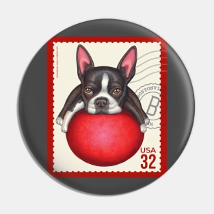 Funny Boston Terrier on Red Ball on classic red trimmed stamp Pin