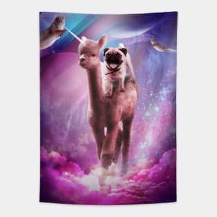 Funny Space Pug Riding On Alpaca Unicorn Tapestry