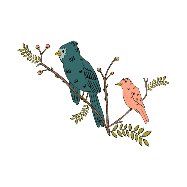 Blue and Salmon Birds perched on a budding tree in Spring by Maddyslittlesketchbook