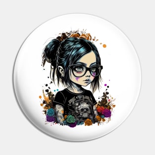 Cartoon little girl with glasses in gothic style at school Pin
