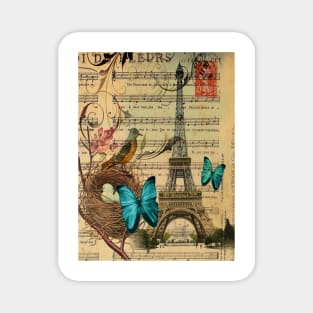 vintage bird nest paris eiffel tower botanical art Magnet