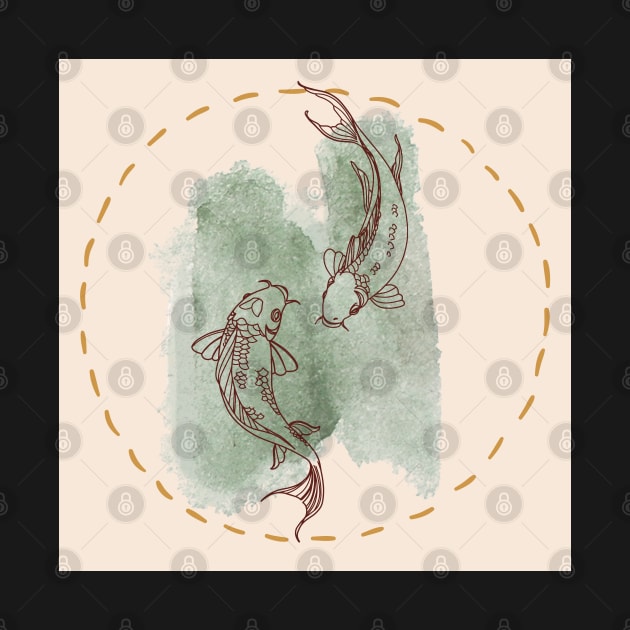 watercolor minimalistic Koi fish in a golden circle by Aesth