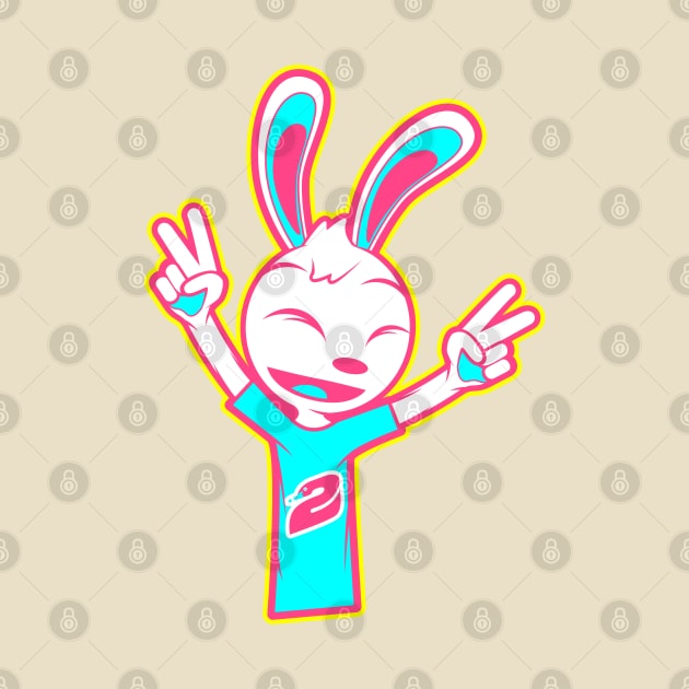 Happy Rabbit With Two Raised Peace Hand Signs by MOULE