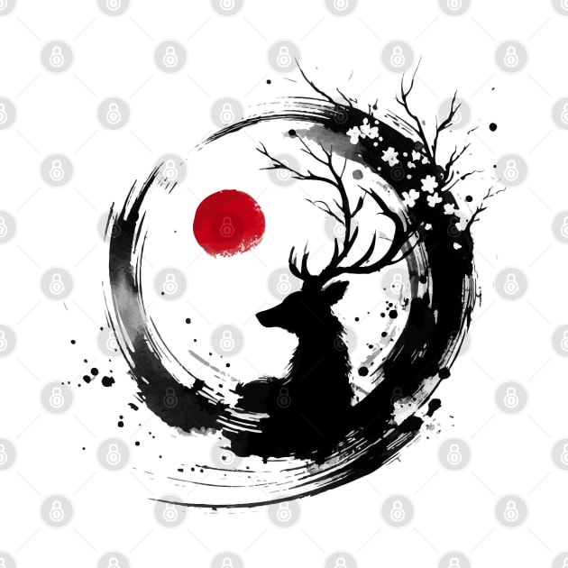 Sumie Enso Japanese Brushstroke Floral Deer Antlers by TomFrontierArt