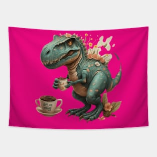 cute trex dinosaur drinking a coffee cute dino coffee time gift ideas ,dinosaur coffee tees gifts Tapestry