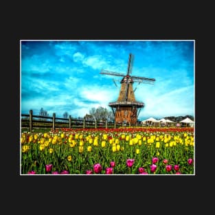 Windmill with Tulips Landscape Dutch Netherlands Scenic Print T-Shirt