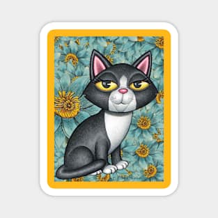 Fun Black and White Kitty Cat on teal and yellow flowers Magnet