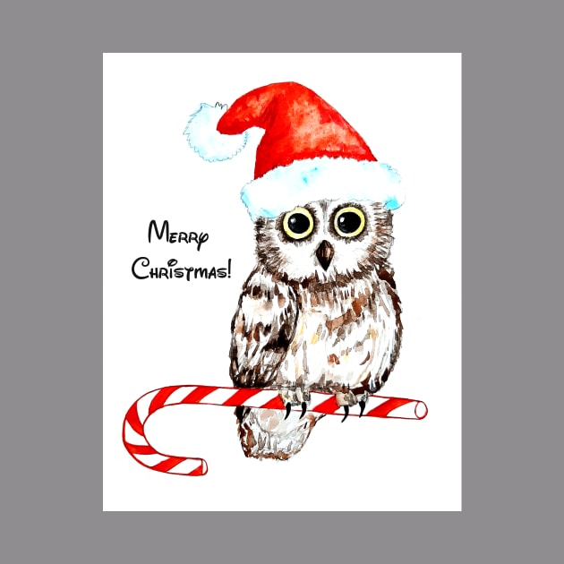 Owl, Mery Christmas, watercolor, nursery, home decor, baby wall art, greeting card by Luba_Ost