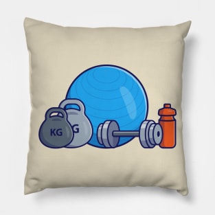 Barbell, Dumbbell, Bottle And Fitness Ball Cartoon Pillow