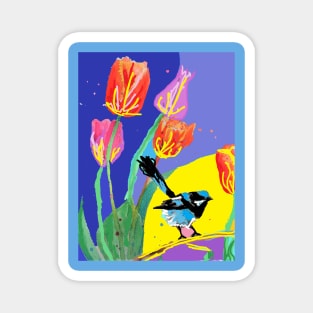 Abstract Blue Wren and Tulips Painting - on Multicoloured Magnet