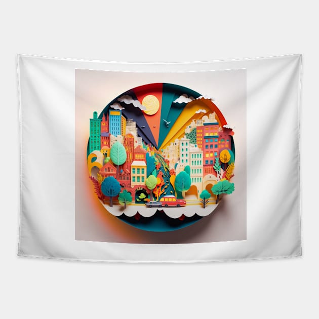 3D Effect Papercut Art - Cityscape Scene Tapestry by TheArtfulAI