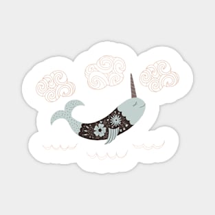 Blue Narwhal swimming in the clouds Magnet