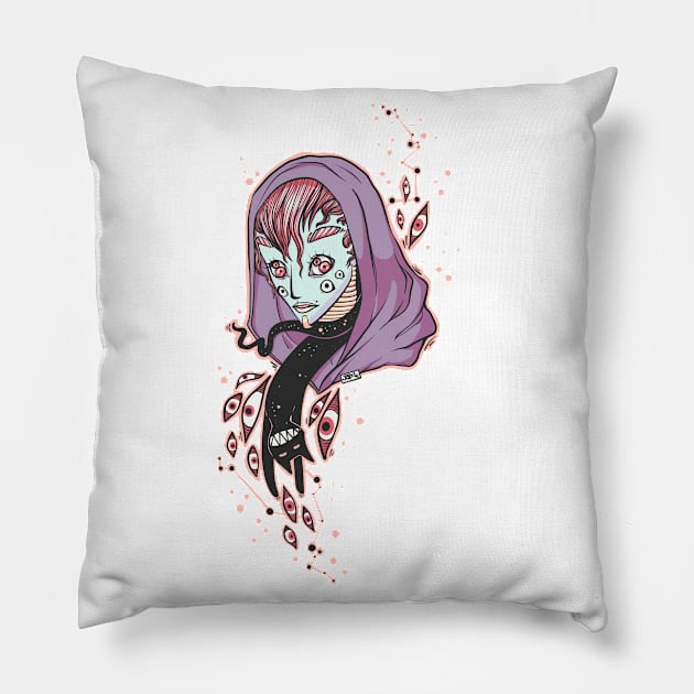 Many Eyed Witch With Black Cat Pillow by cellsdividing