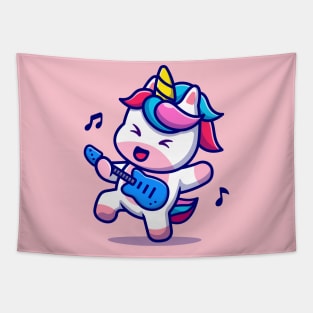 Cute Unicorn Playing Guitar Cartoon Tapestry