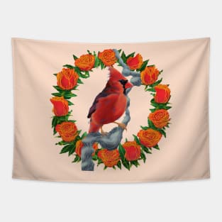 Northern Cardinal Bird on Red Roses Tapestry